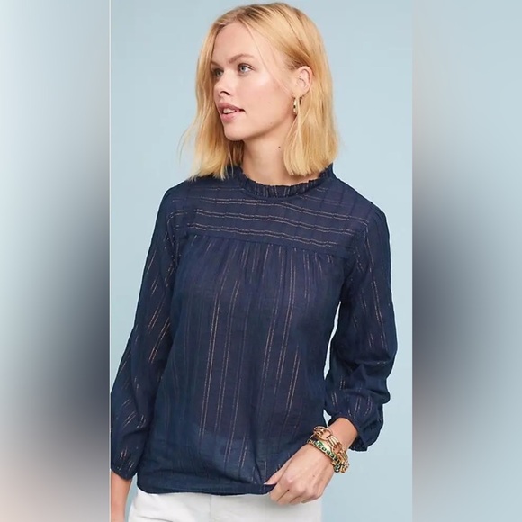 Maeve x Anthropologie Reston Blouse Dark Navy Blue with metallic details size XS - Picture 2 of 13